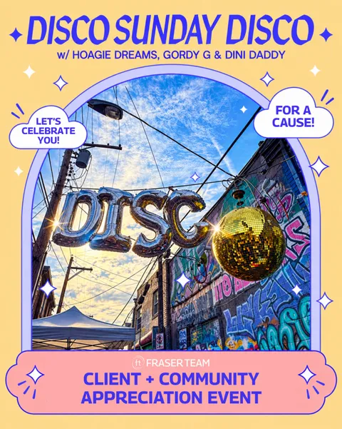 Flyer for Disco Sunday Disco: Client + Community Appreciation Event