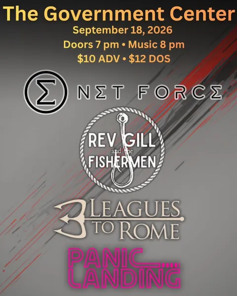 Flyer for Net Force, Rev. Gill and the Fishermen, 3 Leagues to Rome, Panic Landing at The Government Center