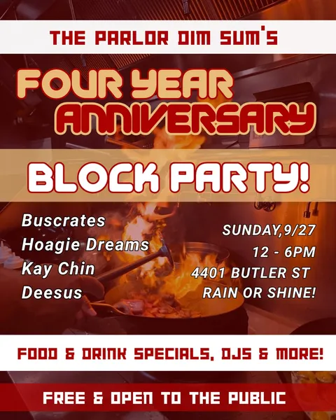 Flyer for The Parlor Four Year Anniversary Block Party