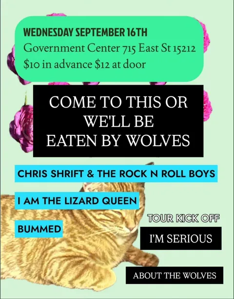 Flyer for Come to this or we'll be eaten by wolves (tour kick off)