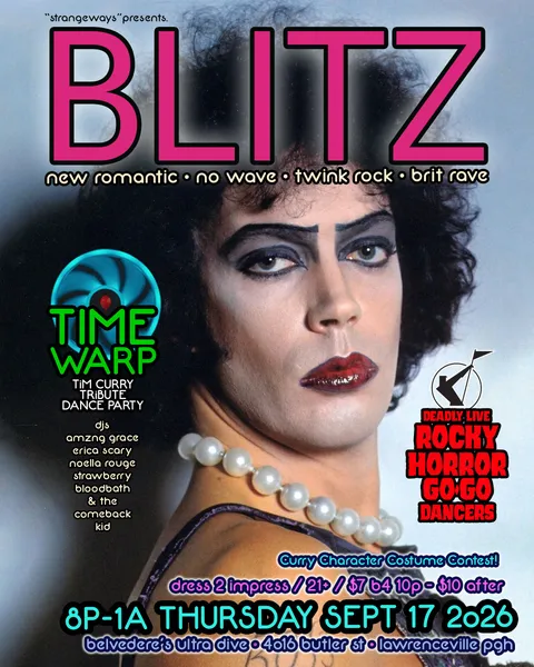 Flyer for BLITZ: Time Warp Tim Curry Tribute Dance Party